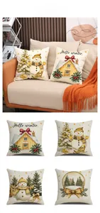 Détails de quatre housses de coussin de Noël avec motifs bonhomme de neige et chalet d'hiver