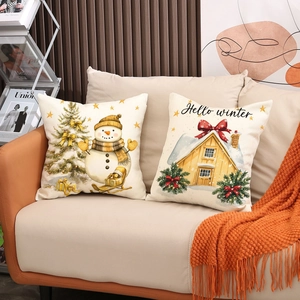 Lot de 2 housses de coussin de Noël avec bonhomme de neige et maison d'hiver