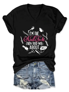 Black V-neck T-shirt with 'Nail Tech' slogan paired with distressed denim shorts