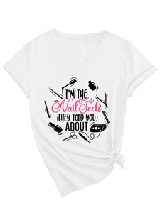 Close-up of white V-neck T-shirt featuring 'Nail Tech' text and manicure tool icons