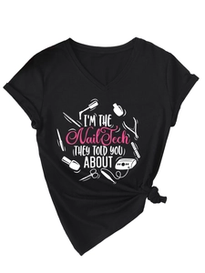 Detail of V-neck cotton T-shirt featuring 'Nail Tech' text and manicurist tool graphics
