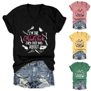 Women V-Neck Short Sleeve T-Shirt Cotton Blend Graphic Printed Nail Tech Professional Theme Casual Summer Tops