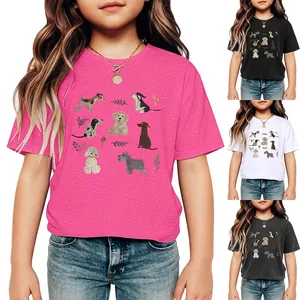T-Shirt Enfant Imprimé Chien De Dessin Animé Mélange De Coton Manches Courtes Hauts Décontractés Col Rond Pour Filles Garçons