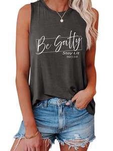 Detail view of Be Salty Stay Lit text print on a loose charcoal grey women's tank top