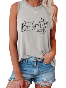 Detail of Be Salty Stay Lit print on a grey sleeveless cotton tank top for women