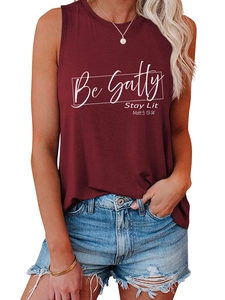 Detail of burgundy sleeveless tank top with white Be Salty Stay Lit graphic print