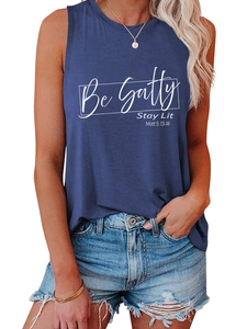 Detail of navy blue sleeveless tank top featuring white Be Salty Stay Lit graphic print