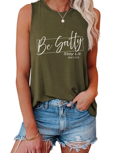 Detail view of Be Salty Stay Lit olive green tank top paired with frayed denim shorts
