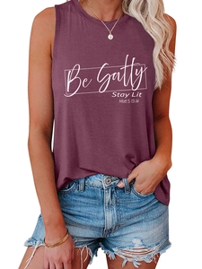 Detail of burgundy tank top with white Be Salty Stay Lit Matthew 5:13 print