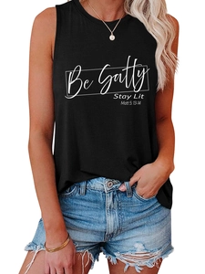Detail of the Be Salty Stay Lit slogan print on a black sleeveless cotton tank top