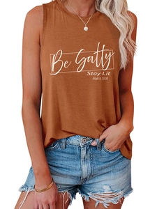 Detail of Be Salty Stay Lit Matt 5:13-14 text printed on a tan sleeveless tank top