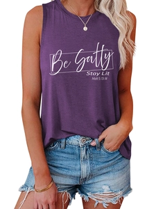 Detail of purple Be Salty Stay Lit tank top with religious text and casual denim shorts