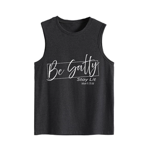 Detail view of the white Be Salty Stay Lit text on a dark gray casual loose tank top