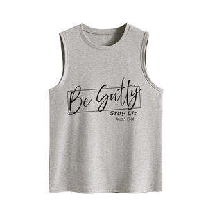 Detail of grey Be Salty Stay Lit knit tank top with loose fit and crew neck design