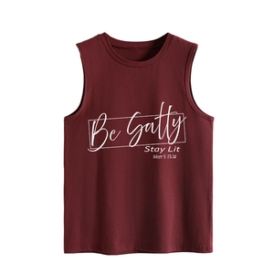 Detail of burgundy Be Salty Stay Lit graphic print on a soft cotton sleeveless vest top