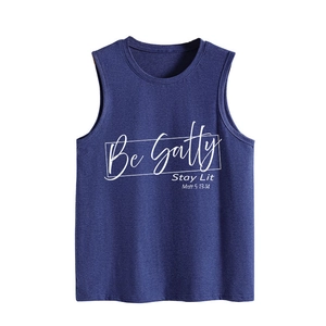 Detail of Be Salty Stay Lit slogan print on a navy blue sleeveless cotton vest