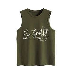 Detail of olive green tank top with white Be Salty Stay Lit Matt 5:13-14 print
