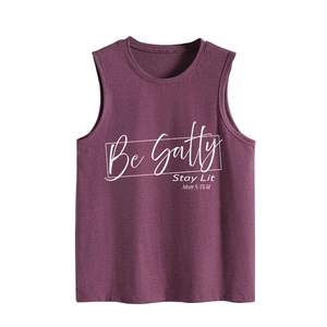 Detail of Be Salty Stay Lit graphic print on maroon sleeveless cotton tank top for women