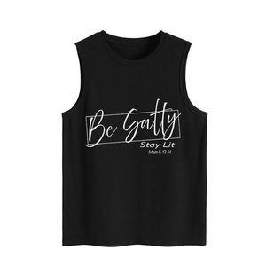 Close-up of Be Salty Stay Lit white typography print on black cotton tank top