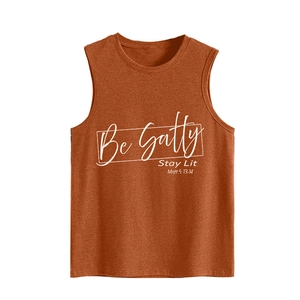 Detail of Be Salty Stay Lit text print on caramel cotton sleeveless tank top