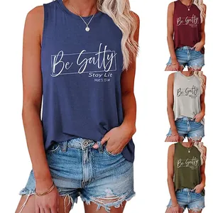 Women Tank Top Cotton Blend Sleeveless Round Neck Loose Casual Inspirational Bible Quote Letter Print Vest