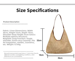 Detailed size specifications for the woven hemp tote bag with dimensions and measurements