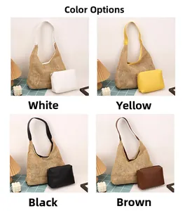 Grid view of straw tote bags in white, yellow, black and brown with matching small inner pouches