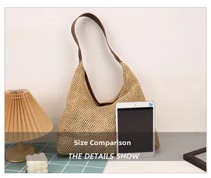 Size comparison of a woven straw hobo bag next to a tablet for scale reference