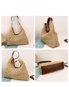 Detailed views of handmade straw tote bag with brown leather handles and base
