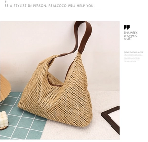 Close-up of beige woven tote bag with brown leather straps in a cozy interior setting