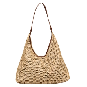 Straw hobo shoulder bag with brown leather straps and spacious woven design