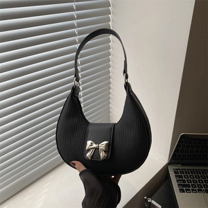 French Style Niche Women Shoulder Bag Sweet Solid Color Bow Pleated Crescent Hobo Underarm Handbag Daily Retro Purse