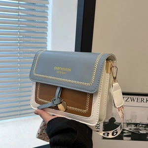 Women Crossbody Bag PU Leather Color Block Small Square Handbag With Wide Embroidered Strap Retro Style Fashionable