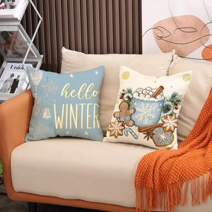 Two-pack Christmas decorative pillow covers with cute winter snowman and holiday prints