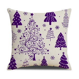 Christmas reindeer and snowflake print cushion cover in natural linen with purple motifs