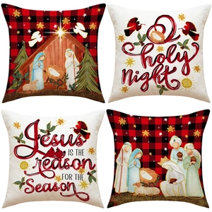 Nativity Scene Linen Throw Pillow Cover Buffalo Plaid O Holy Night Jesus Is The Reason Festive Home Decor Sofa Cushion Case