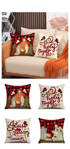 Set of four Christmas nativity scenes and plaid linen pillow covers for sofa decor