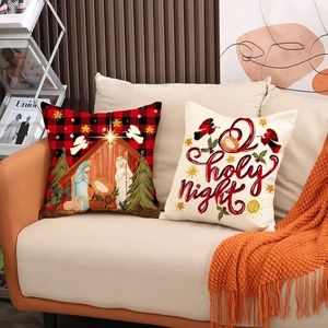 Christmas buffalo plaid nativity pillow cover and O Holy Night holiday cushion set