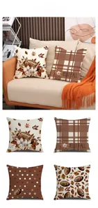 Detail of four fall-themed autumn football pillow covers in linen with rustic patterns