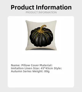 Detail of 45x45cm faux linen pumpkin pillowcase with gold glitter and autumn motif