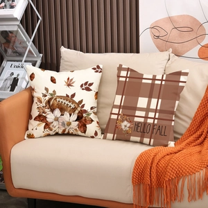 Set of two autumn throw pillow covers with football print and Hello Fall plaid design