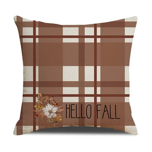 Plaid autumn pillow case with Hello Fall floral print and textured cotton linen fabric