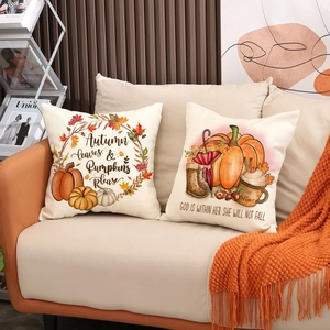 Juego de dos fundas de cojín de lino con estampado de hojas de otoño y calabaza para el sofá
