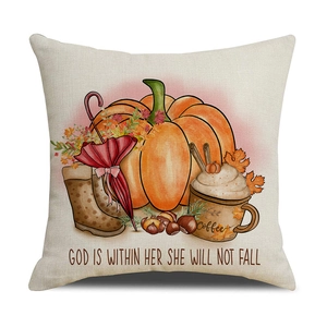 Funda de cojín de lino con estampado de calabaza otoñal y cita religiosa para el sofá