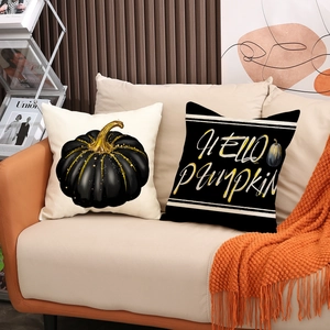 Fall decorative pillow set with black gold pumpkin and Hello Pumpkin lettering