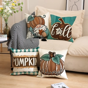 Juego de 4 fundas de cojín de otoño con calabazas de lino para decoración de sofá
