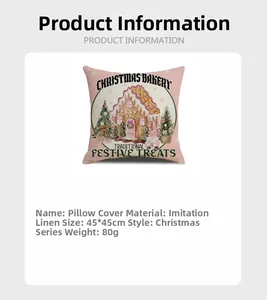 Detail of pink faux linen Christmas pillowcase 45x45cm with festive bakery print