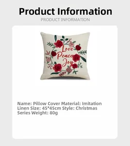 Close-up of linen Christmas pillow case with Love Peace Joy floral wreath print