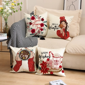 Set of 4 Christmas linen throw pillow covers with festive winter floral illustrations