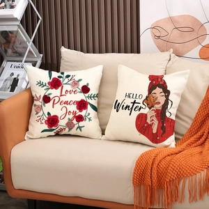 Christmas floral linen pillow covers with Love Peace Joy and Hello Winter prints